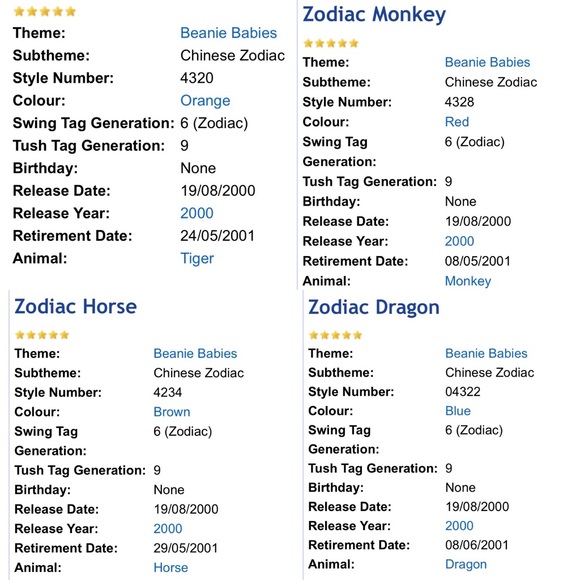 NEW! RARE! Vintage! 2000 TY Beanie Baby - Zodiac Dragon, Monkey, Horse, & Tiger - Picture 11 of 12